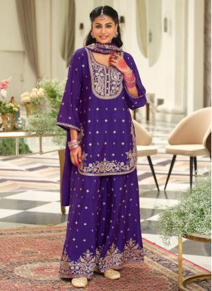 
                      Chinon Embroidered Purple Palazzo Salwar Kameez