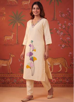 
                      Cotton Embroidered Cream Pant Style Suit