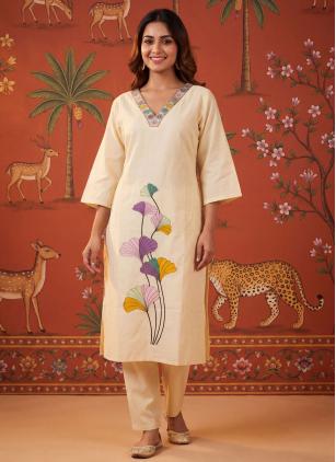 
                      Cotton Embroidered Cream Pant Style Suit