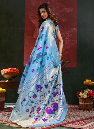 
                      Cotton Silk Aqua Blue Meenakari Work Paithani Pallu Saree