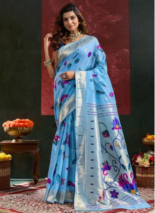 
                      Cotton Silk Aqua Blue Meenakari Work Paithani Pallu Saree