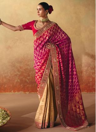 Cream and Pink Beads Work Trendy Reception Saree