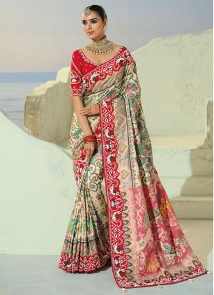 
                      Festival Cream Beads Patola Print Trendy Saree