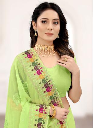 
                      Embroidered Faux Georgette Green Designer Saree