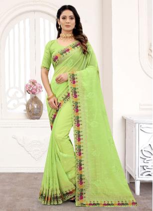 
                      Embroidered Faux Georgette Green Designer Saree