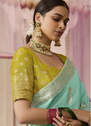 
                      Viscose Floral Weaving Aqua Blue Classic Saree for Ceremonial