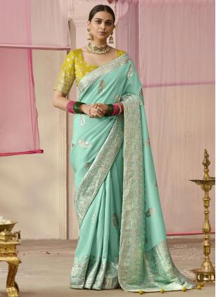 
                      Viscose Floral Weaving Aqua Blue Classic Saree for Ceremonial