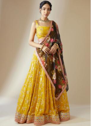 
                      Embroidered Yellow Georgette Trendy Lehenga Choli