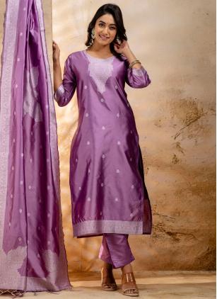 
                      Embroidered Lavender Blended Cotton Pant Style Suit
