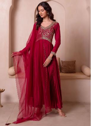 
                      Maroon Embroidered Chinon Plus Size Anarkali Salwar Kameez