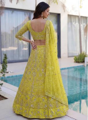 
                      Yellow Net Cord, Embroidered and Sequins Work Designer Lehenga Choli