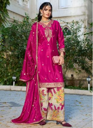 
                      Chinon Embroidered Pink Readymade Salwar Kameez
