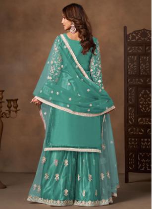 
                      Alluring Sea Green Net Designer Palazzo Suit