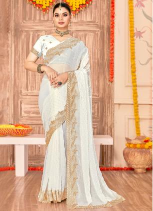 
                      White Embroidered Fandy Designer Saree