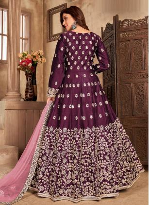 
                      Wine Embroidered Art Silk Anarkali Style Salwar Suit