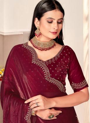 
                      Wine Swarovski Satin Silk Traditional Saree