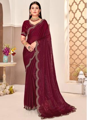 
                      Wine Swarovski Satin Silk Traditional Saree
