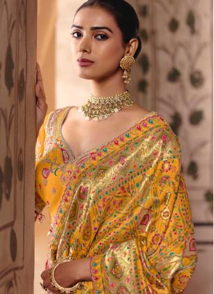 
                      Yellow Silk Cut Work Contemporary Festive Wear Saree