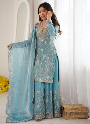 
                      Aqua Blue Beads Sequins Work Salwar Kameez