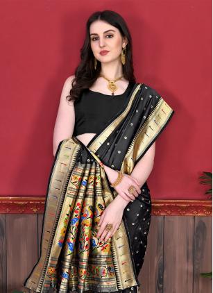 
                      Black Border Weaving Silk Contemporary Saree