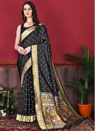 
                      Black Border Weaving Silk Contemporary Saree