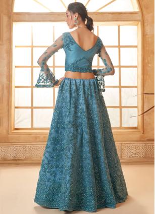 
                      Net Blue and Morpeach Cord Thread Work Lehenga Choli