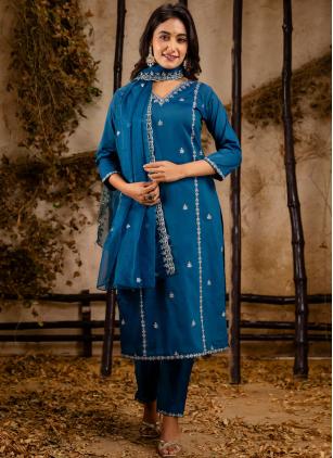 
                      Embroidered Blue Silk Blend Pant Style Suit