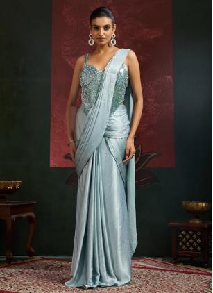 
                      Ceremonial Aqua Blue Embroidered Imported Contemporary Saree