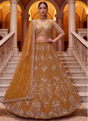 
                      Amazing Ceremonial Mustard Net Designer Lehenga Choli