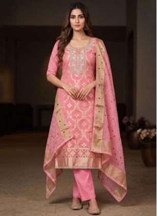 
                      Amazing Embroidered Banarasi Pink Pant Style Suit