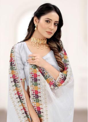 
                      Embroidered Faux Georgette Off White Designer Saree