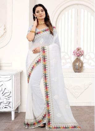 
                      Embroidered Faux Georgette Off White Designer Saree