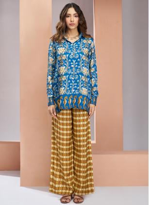 
                      Amazing Floral Print Muslin Blue Designer Kurti