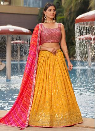 
                      Pink and Yellow Georgette Embroidered Lehenga Choli