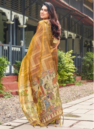 
                      Gold Printed Tissue Silk Contemporary Saree