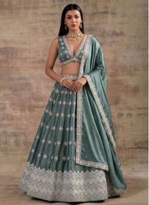 
                      Green Satin Silk Embroidered Mehendi Lehenga Choli
