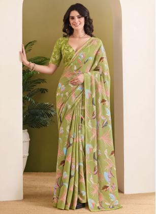 
                      Green Georgette Printed Saree