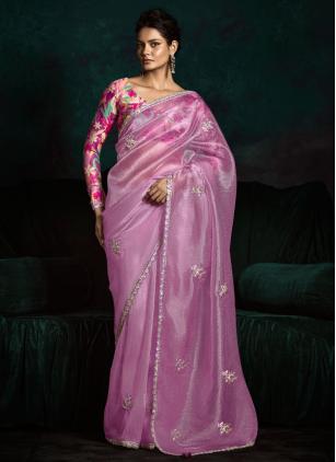 
                      Lavender and Magenta Embroidered Contemporary Saree