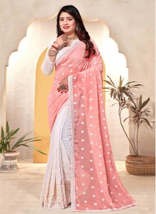 
                      Amazing Peach and White Embroidered Trendy Saree