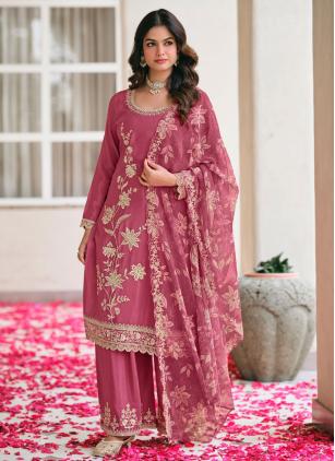 
                      Pink Embroidered Chinon Palazzo Salwar Kameez