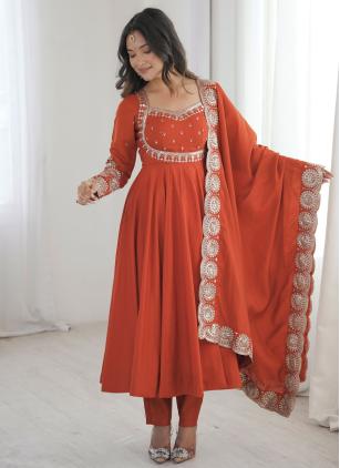 
                      Silk Rust Embroidered Readymade Salwar Kameez With Dupatta