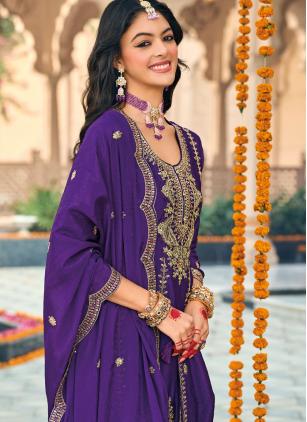 
                      Embroidered Sequins Chinon Violet Salwar Suit