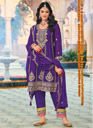 
                      Embroidered Sequins Chinon Violet Salwar Suit