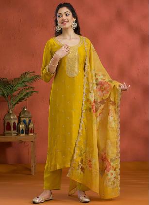 
                      Amazing Yellow Vichitra Silk Pant Style Suit