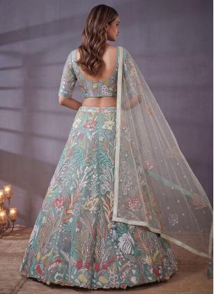 
                      Aqua Blue Ceremonial Net Embroidered Designer Lehenga Choli