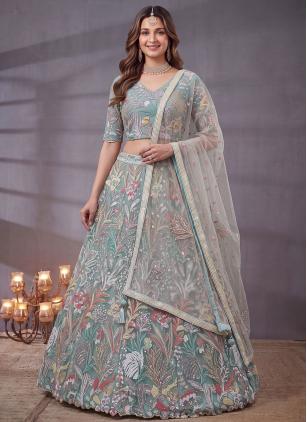 
                      Aqua Blue Ceremonial Net Embroidered Designer Lehenga Choli