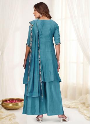 
                      Aqua Blue Chanderi Trendy Salwar Kameez
