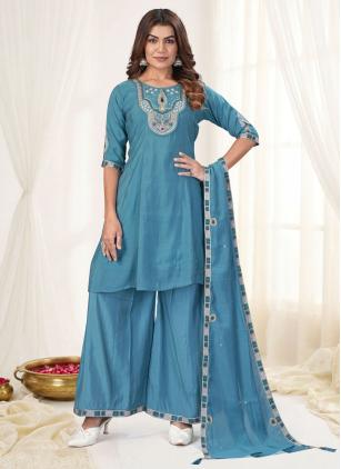 
                      Aqua Blue Chanderi Trendy Salwar Kameez
