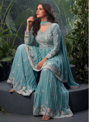 
                      Aqua Blue Chinon Wedding Salwar Kameez