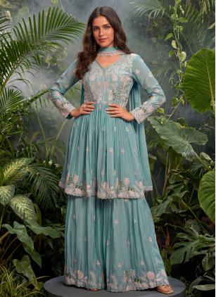 
                      Aqua Blue Chinon Wedding Salwar Kameez